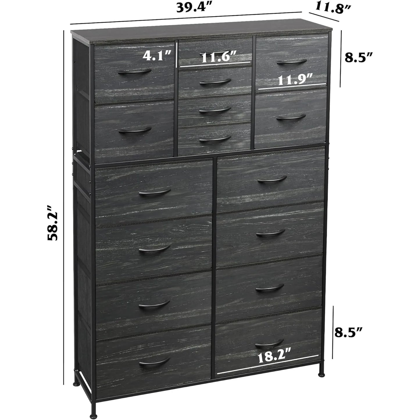 16 Drawers Dresser, Tall Dresser for Bedroom, Closet, Hallway, Storage Dresser Organizer Unit, Charcoal Black Wood Grain Print