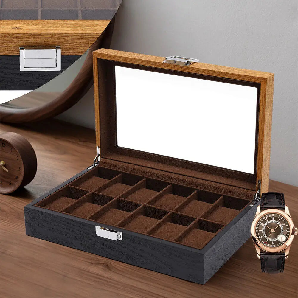 12 Slots Wooden Watch Box Organizer Jewelry Storage Case with Lock