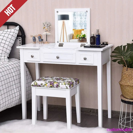 Makeup Vanity Desk with Flip Top Mirror and Cushioned Stool for Girls