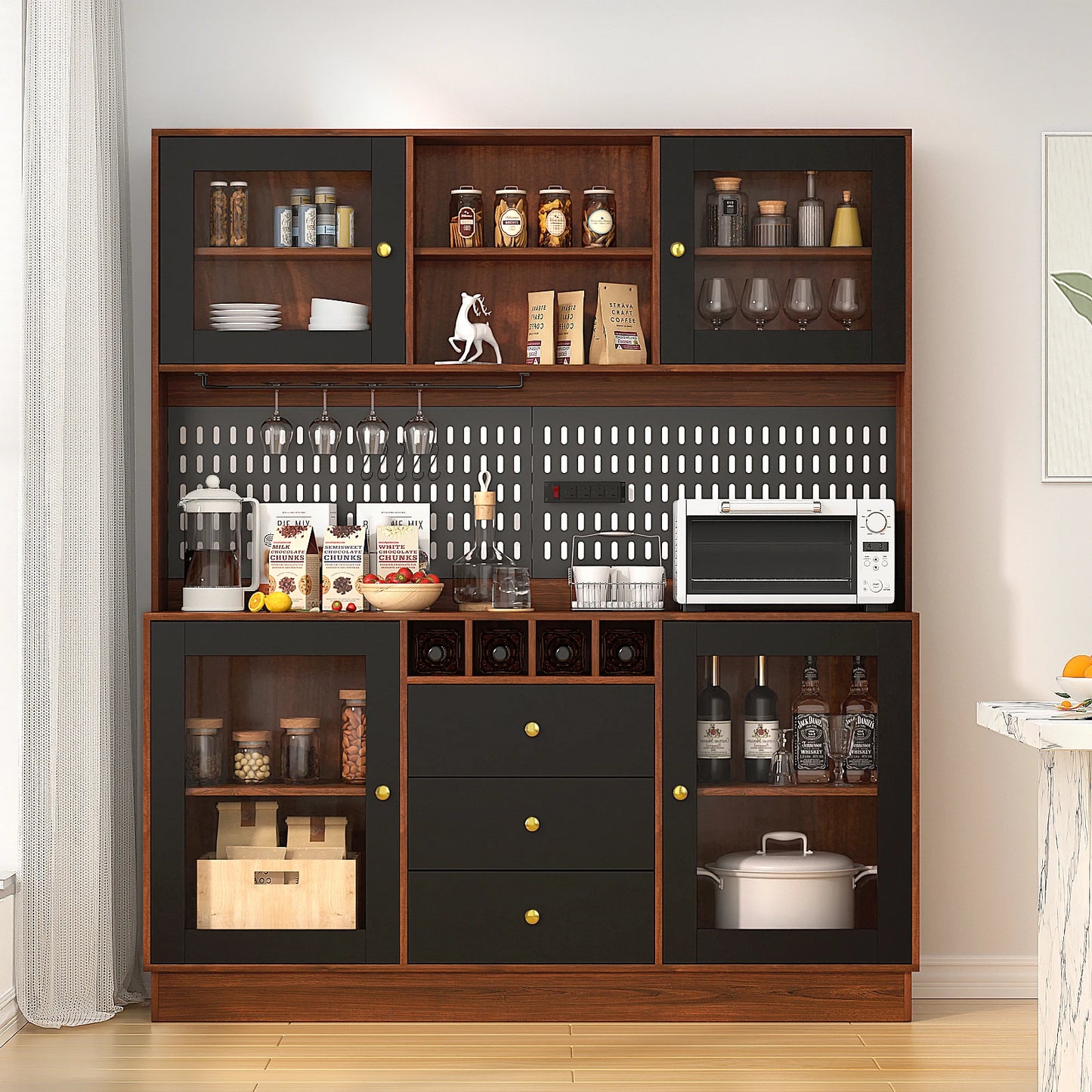 Pantry Cabinet Kitchen Storage Buffet Hutch with Pegboard Cup Holder
