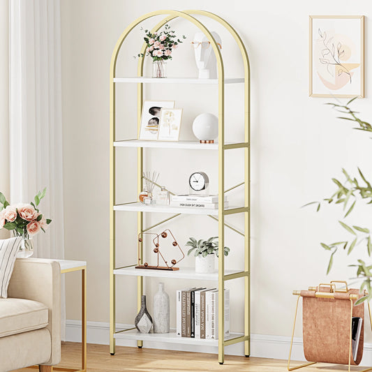 Tall 5 Tier Bookshelf Arched Display Modern Metal Frame Wooden Bookcase