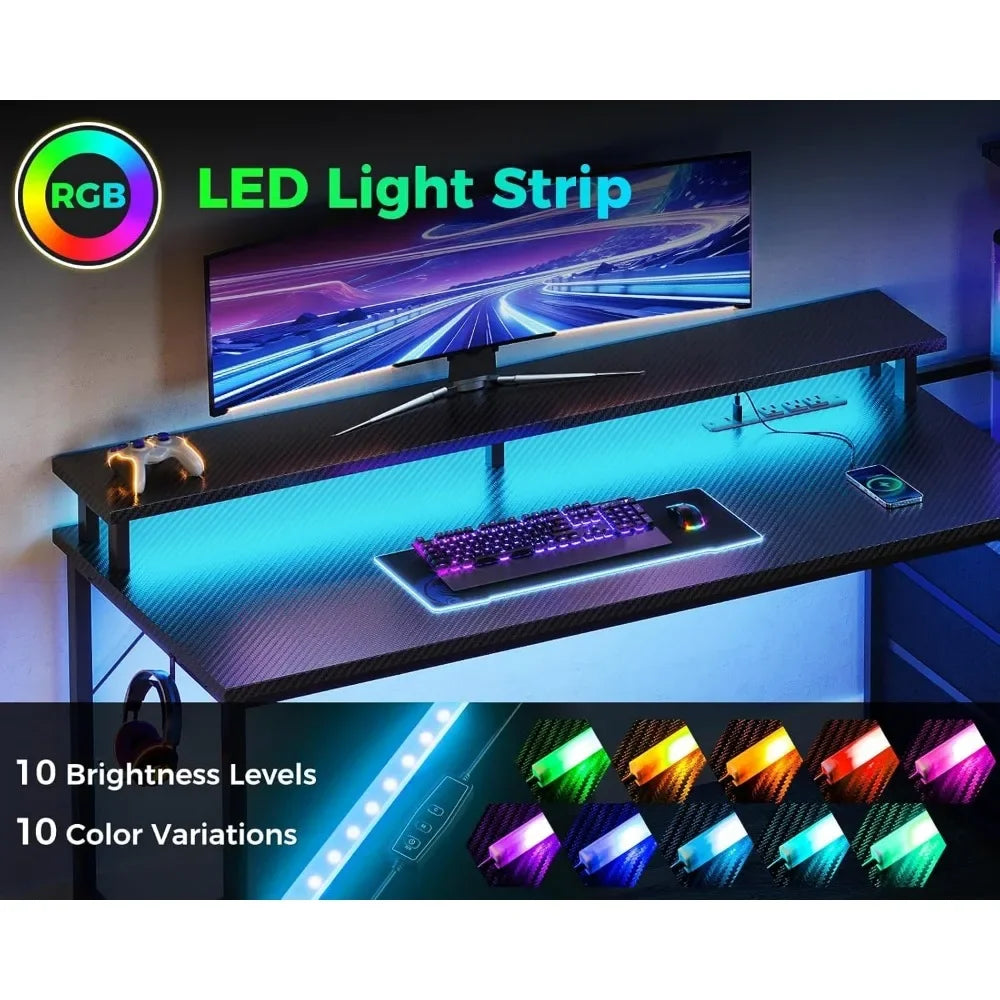 59 Inch Gaming Desk with USB Ports LED Light Reversible Storage Shelves
