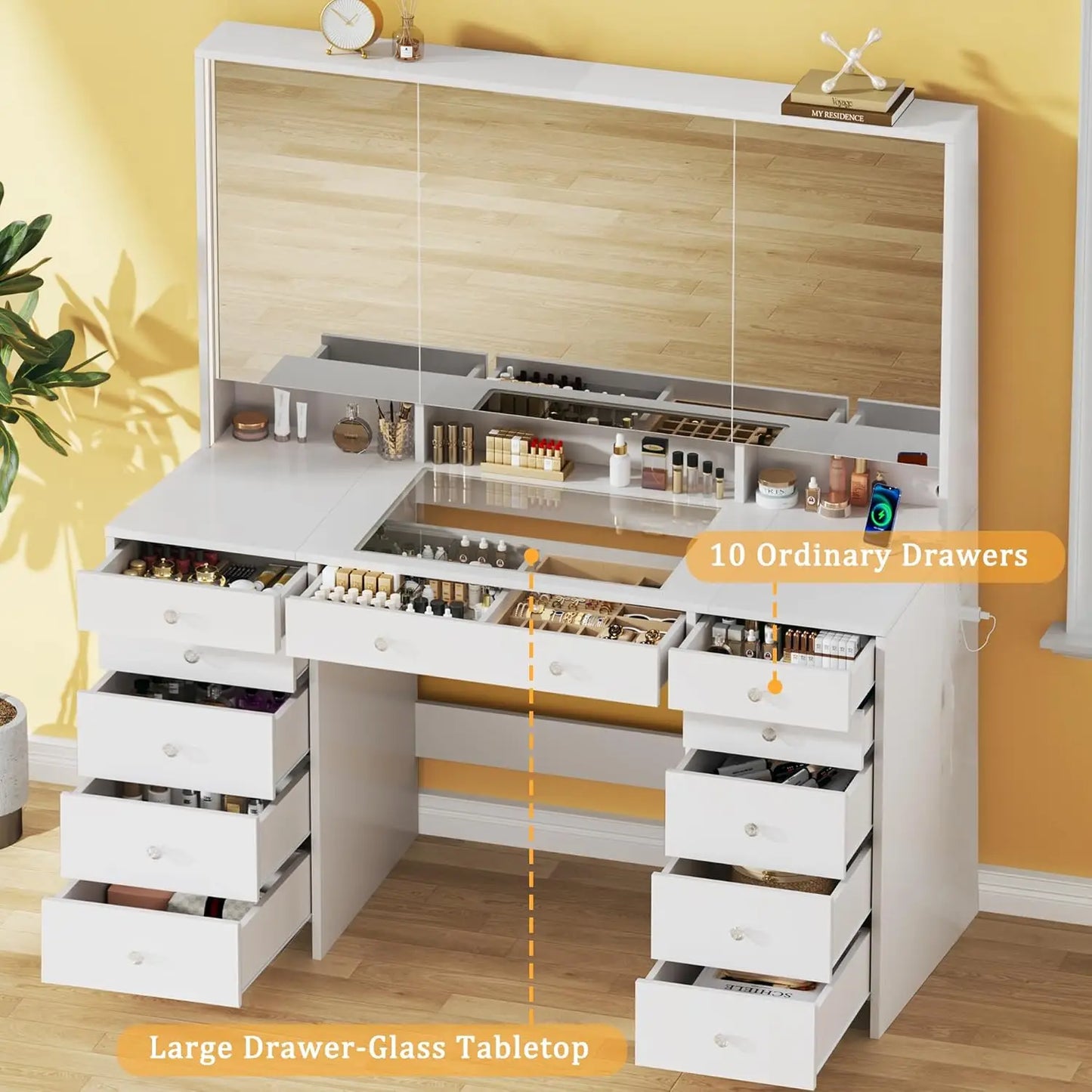 Vanity Desk with Mirror Lights 50 Inch Makeup Vanity Glass Top 11 Drawers