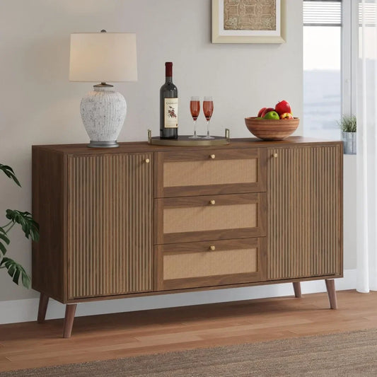 55 Inch Rattan Sideboard Buffet Cabinet Mid Century Style Storage
