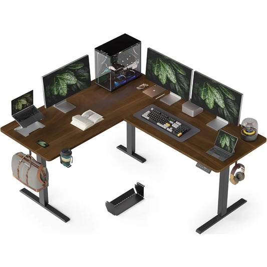 L Shaped Electric Standing Desk 63x55 Inches Height Adjustable with Cup Holder