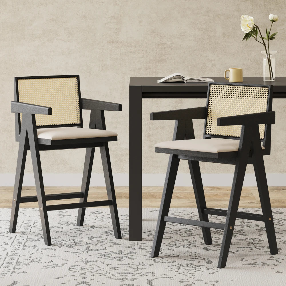 Ljustra 27 Inch Woven Cane Backrest Bar Stool Foam Padded Seat Set of 2