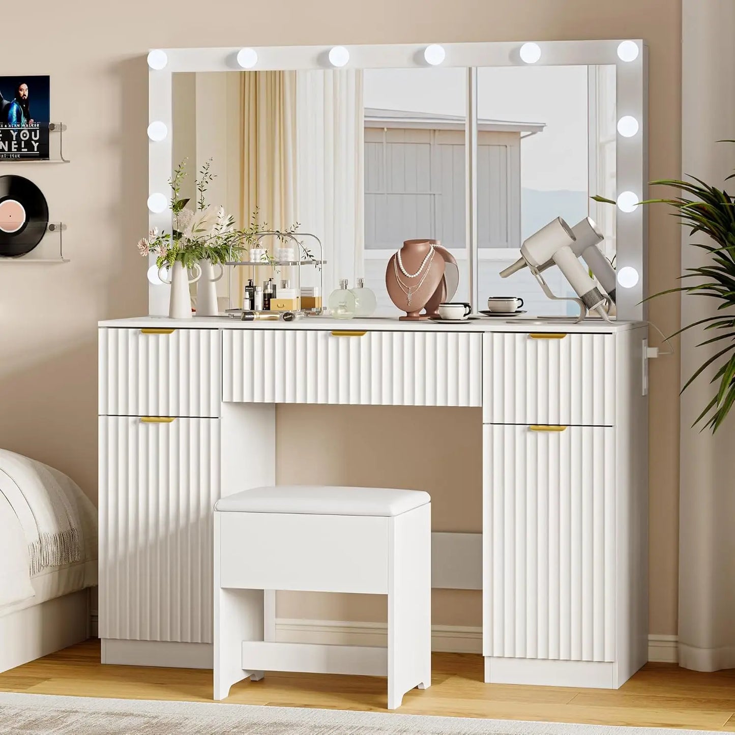 Fluted Vanity Desk with LED Mirror Charging Station 3 Light Modes