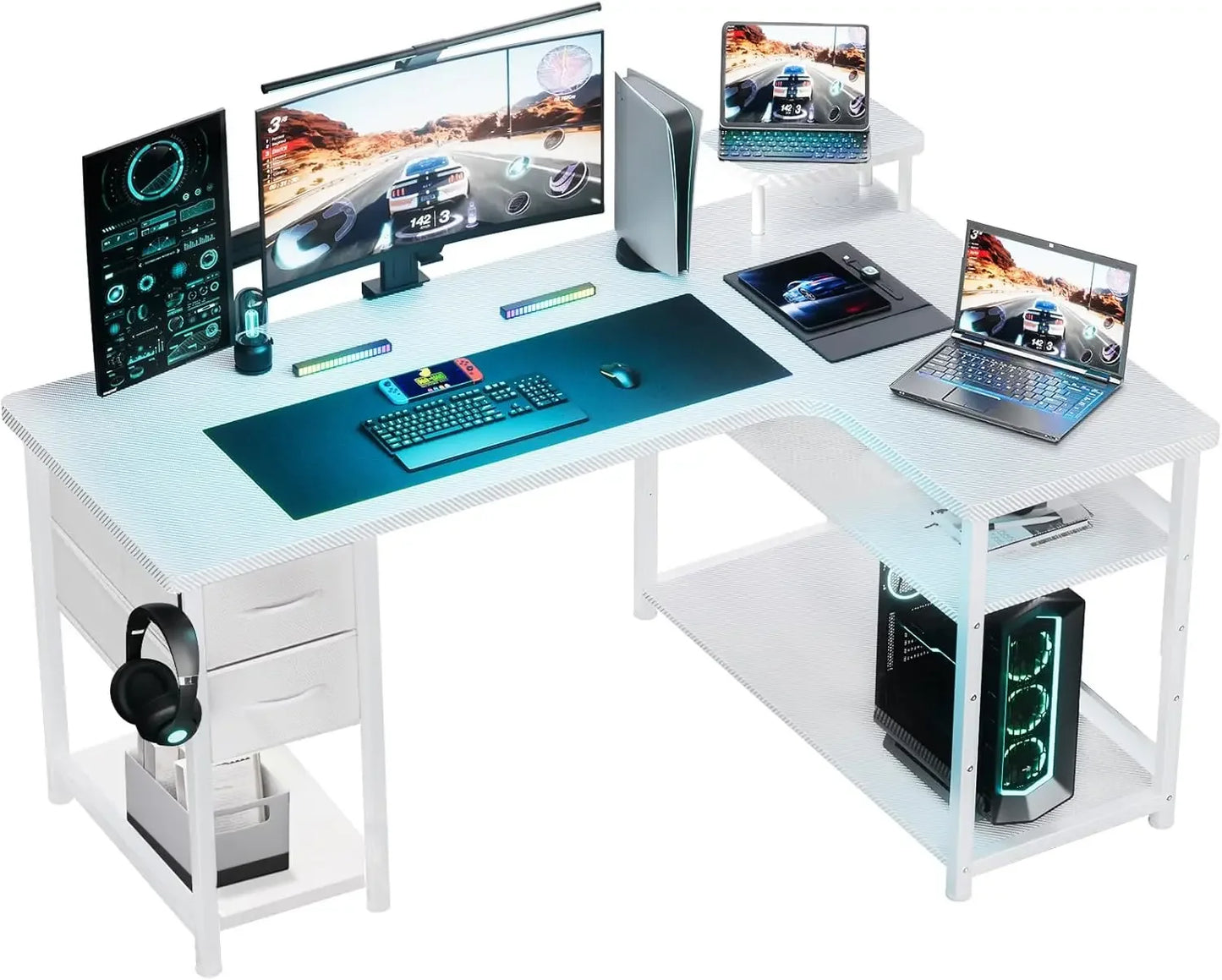 Gaming Desk L-Shaped Computer Desk with Drawers Monitor Arm Compatible