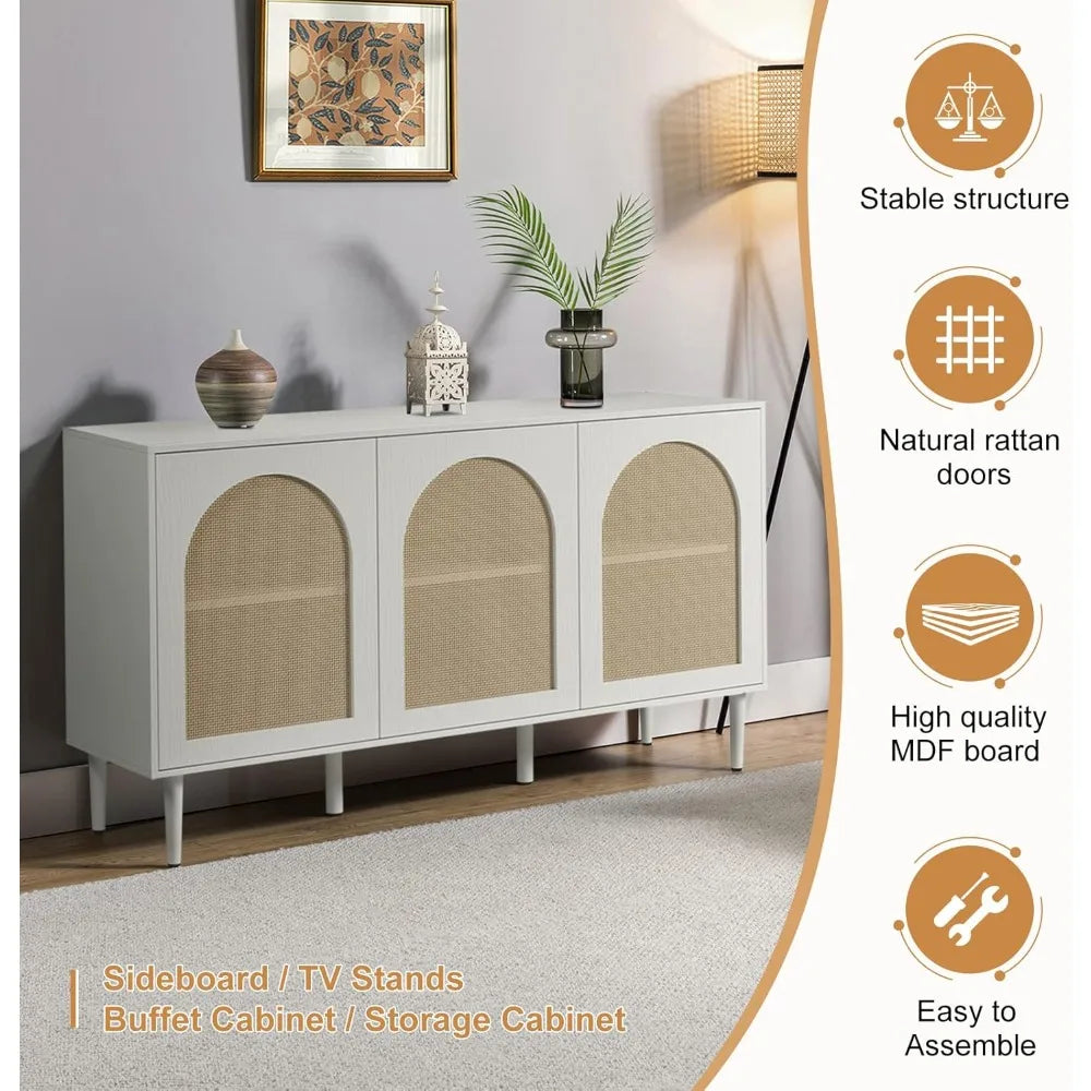 Sideboard Buffet Cabinet with Rattan Doors and Metal Legs for Storage