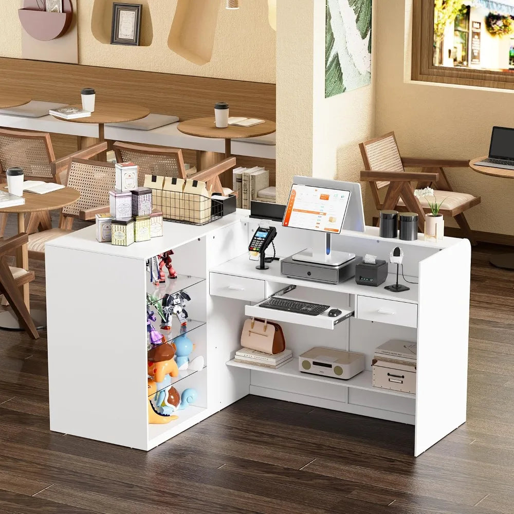 L-Shaped Reception Desk with Drawers and Transparent Display Case