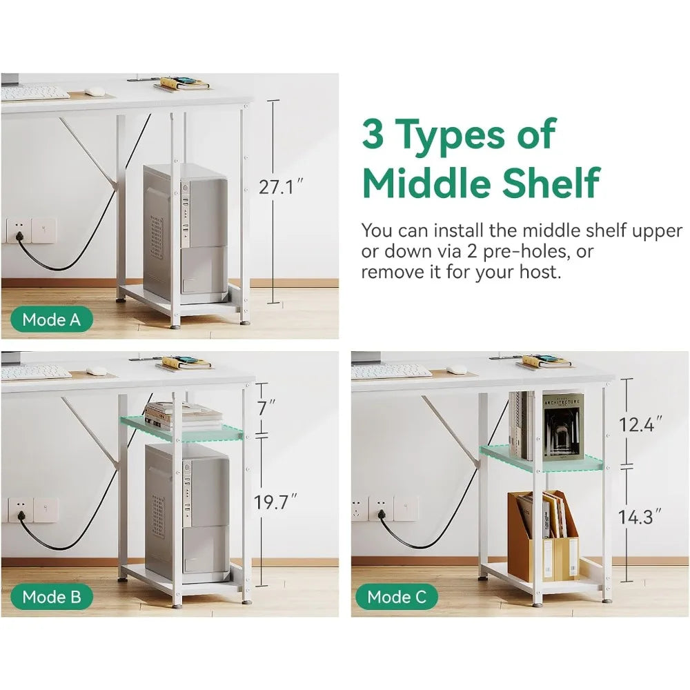 51 Inch Reversible Computer Desk with USB Power Outlets and Storage