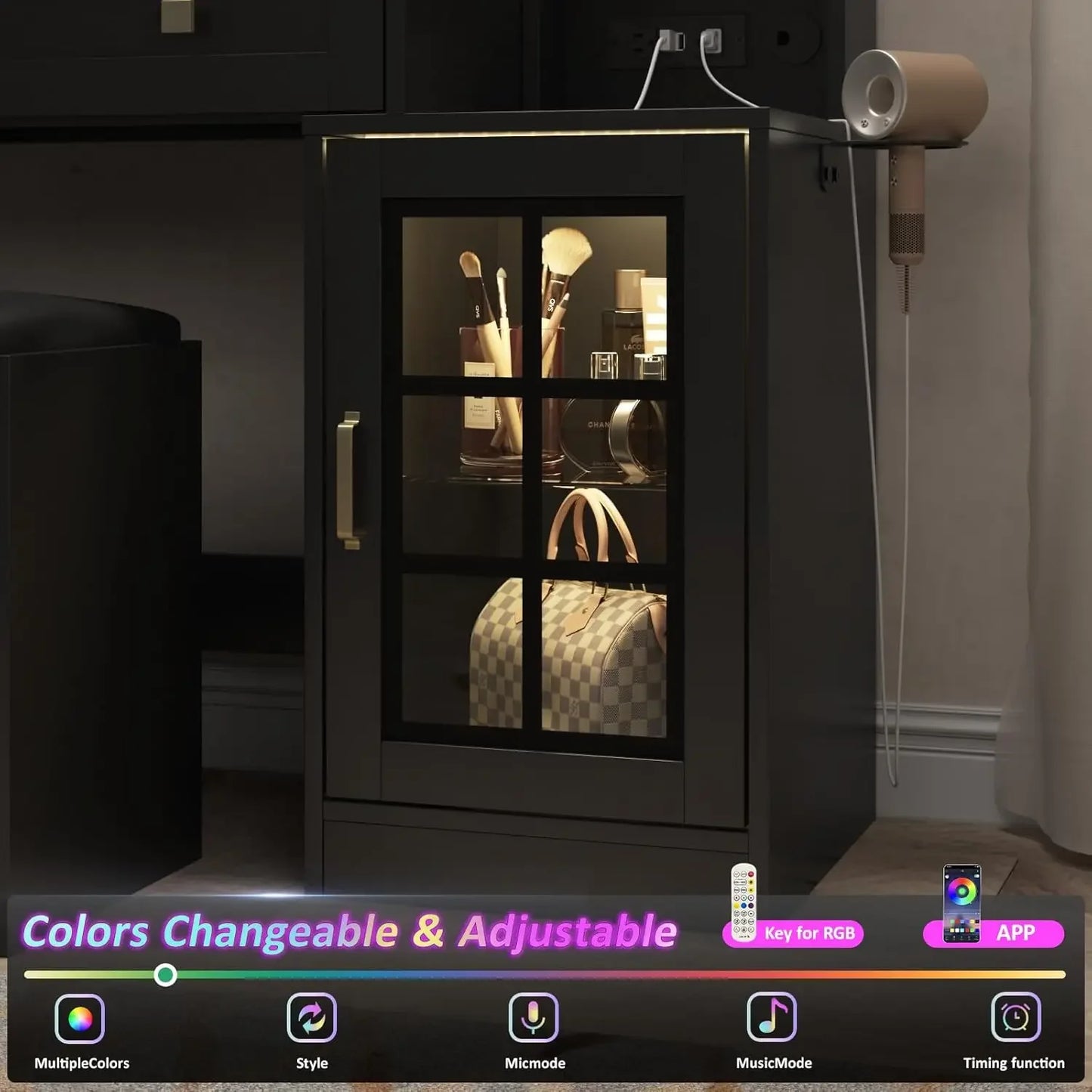 Ljustra Vanity Desk with Sliding Mirror Charging Station Stool Jewelry Storage