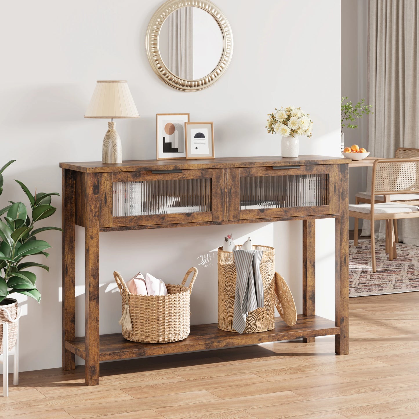Entryway Table Sofa Table with Glass Drawers Console Table for Living Room
