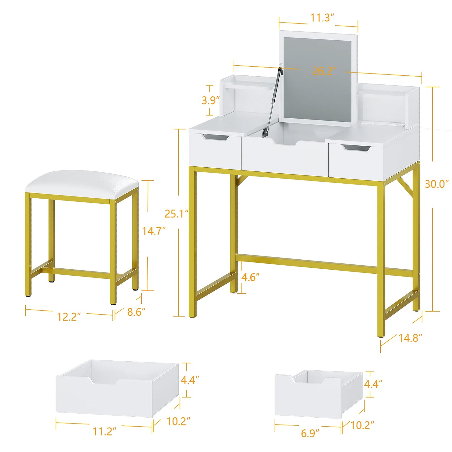 Satifur Vanity Desk with LED Mirror Power Outlets Makeup Stool Set
