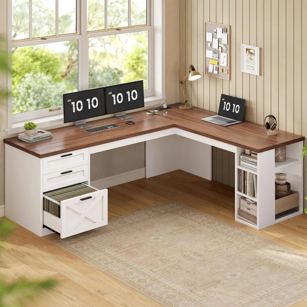 Farmhouse L Shaped Desk with 3 Drawers and Charging Station for Home Office