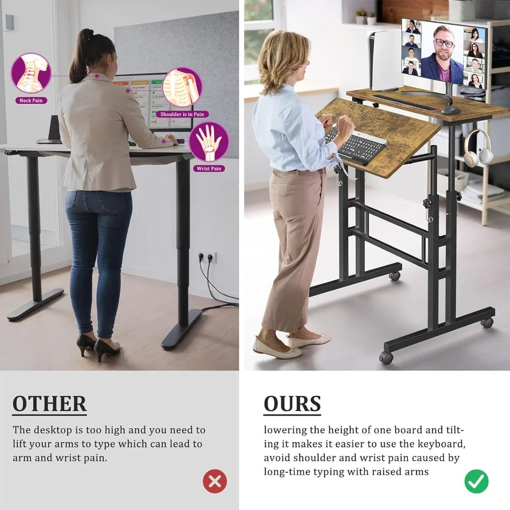 Mobile Standing Desk with Wheels Portable Adjustable Height Office Table