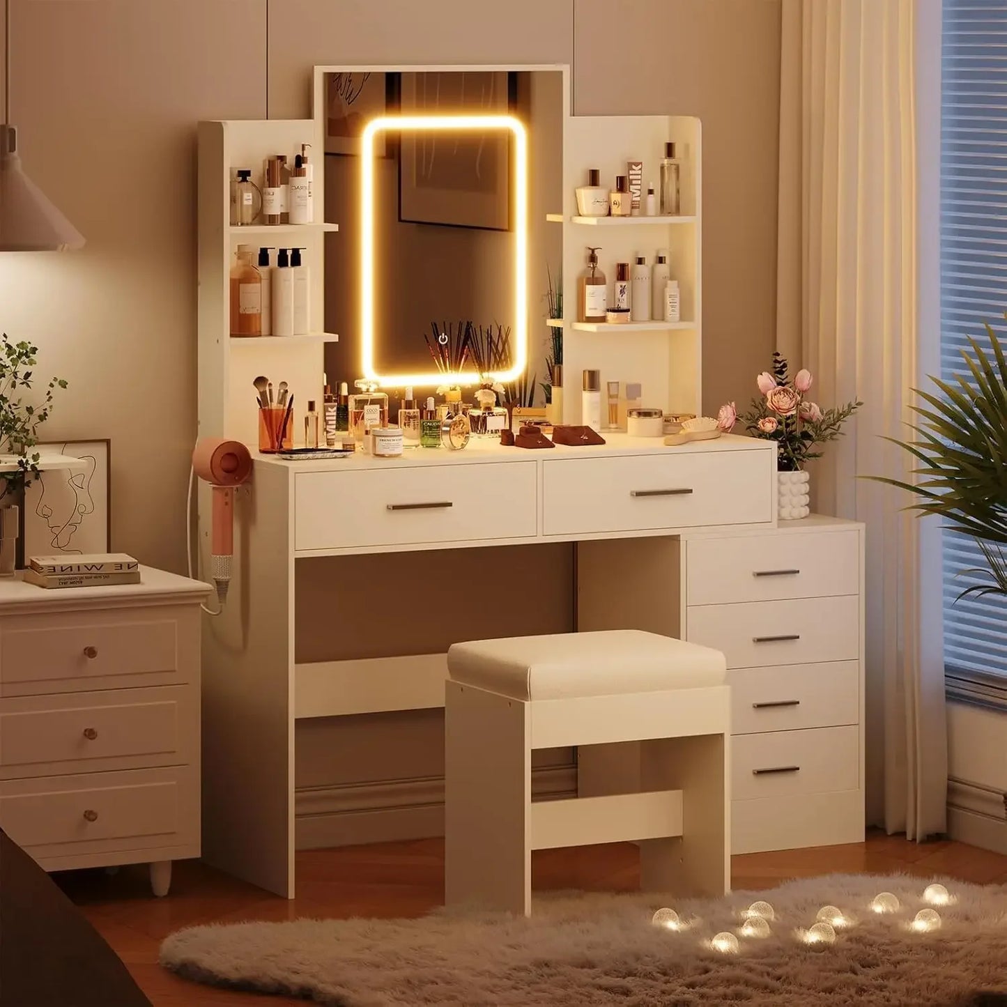 Modern Vanity Set LED Lighted Mirror USB Charging Station Dressing Table