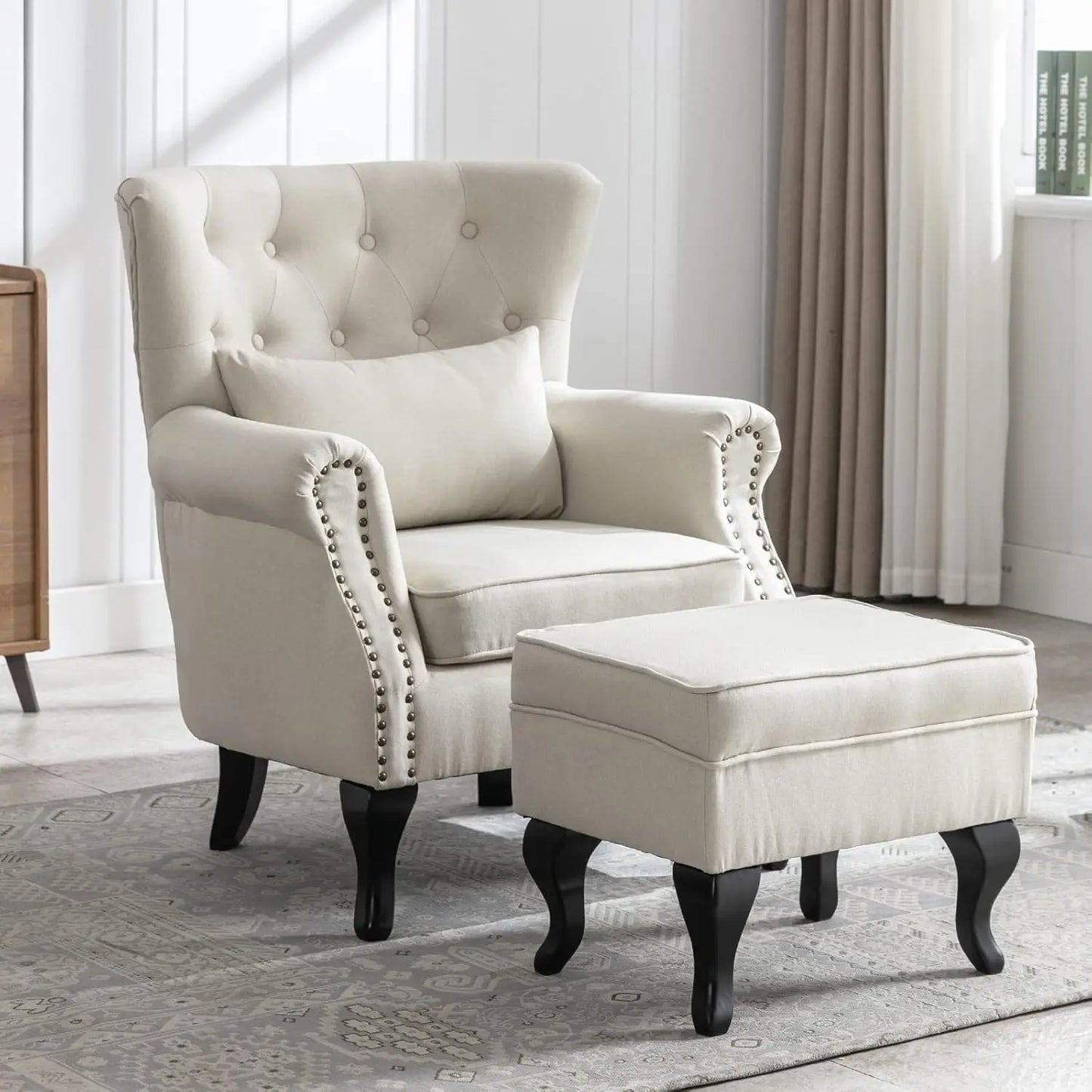 Mid Century Modern Accent Chair Upholstered Armchair with Ottoman