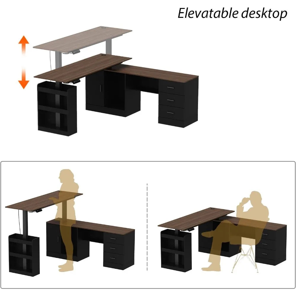 L Shaped Electric Standing Desk with Drawers and Shelves Height Adjustable