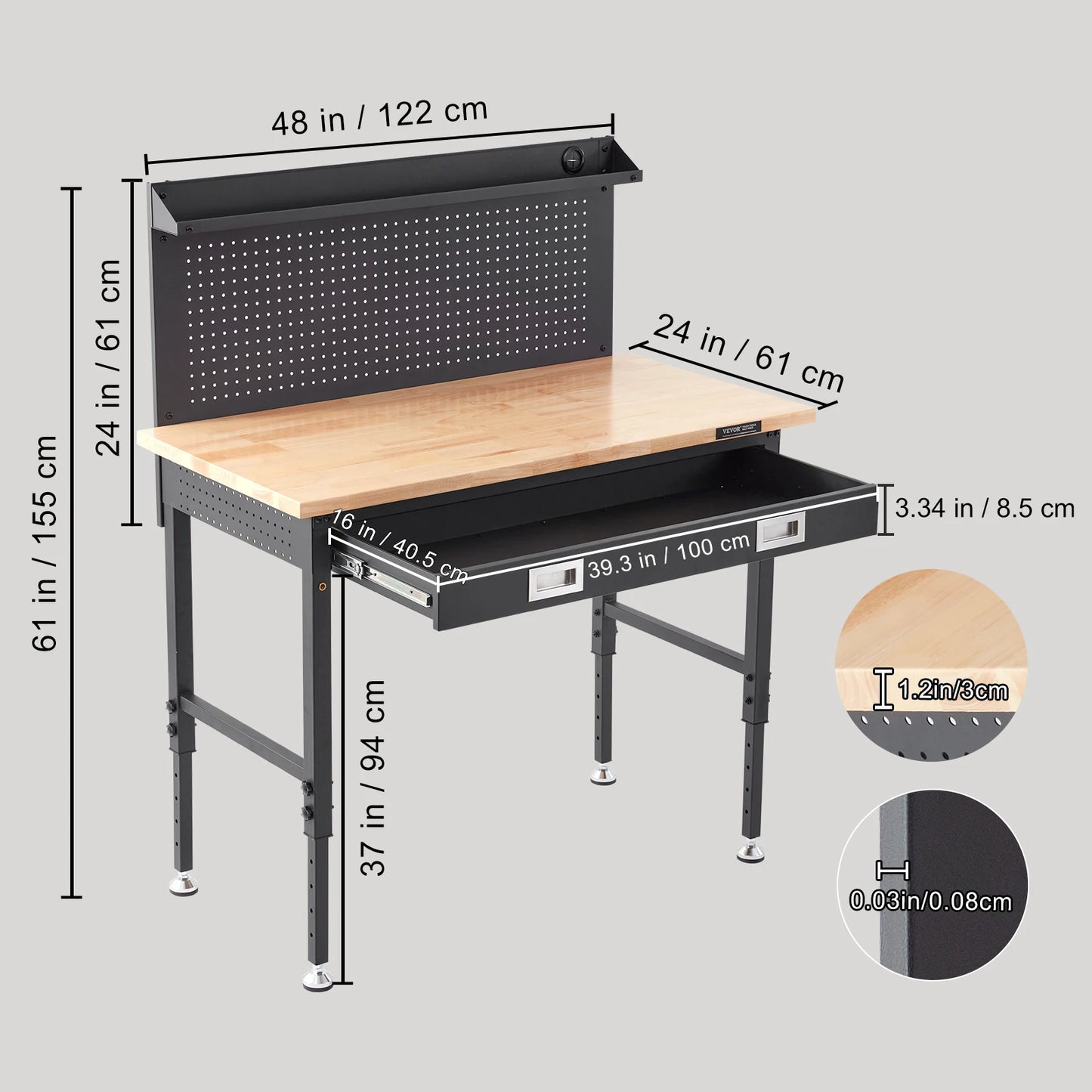 Ljustra Heavy Duty Oak Workbench 2000lbs Adjustable Garage Table