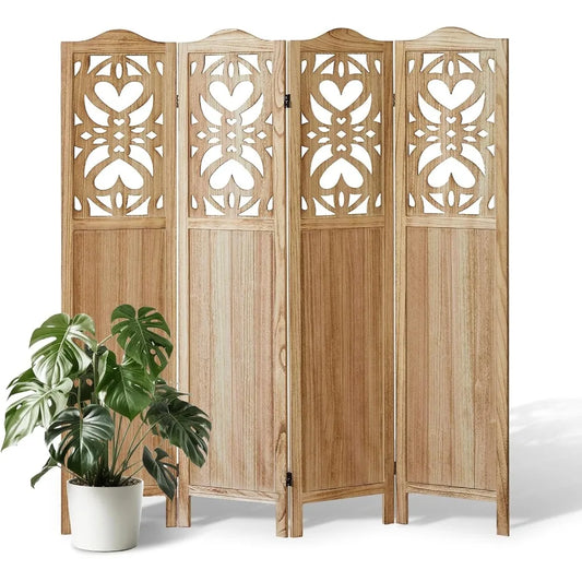 4 Panel Wood Carved Room Divider Folding Privacy Screen 5.6FT Tall