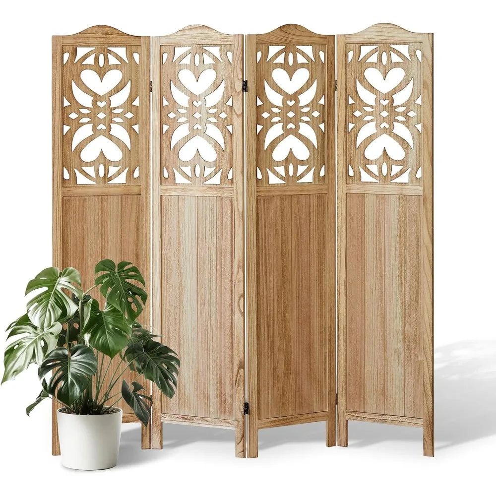 4 Panel Wood Carved Room Divider Folding Privacy Screen 5.6FT Tall