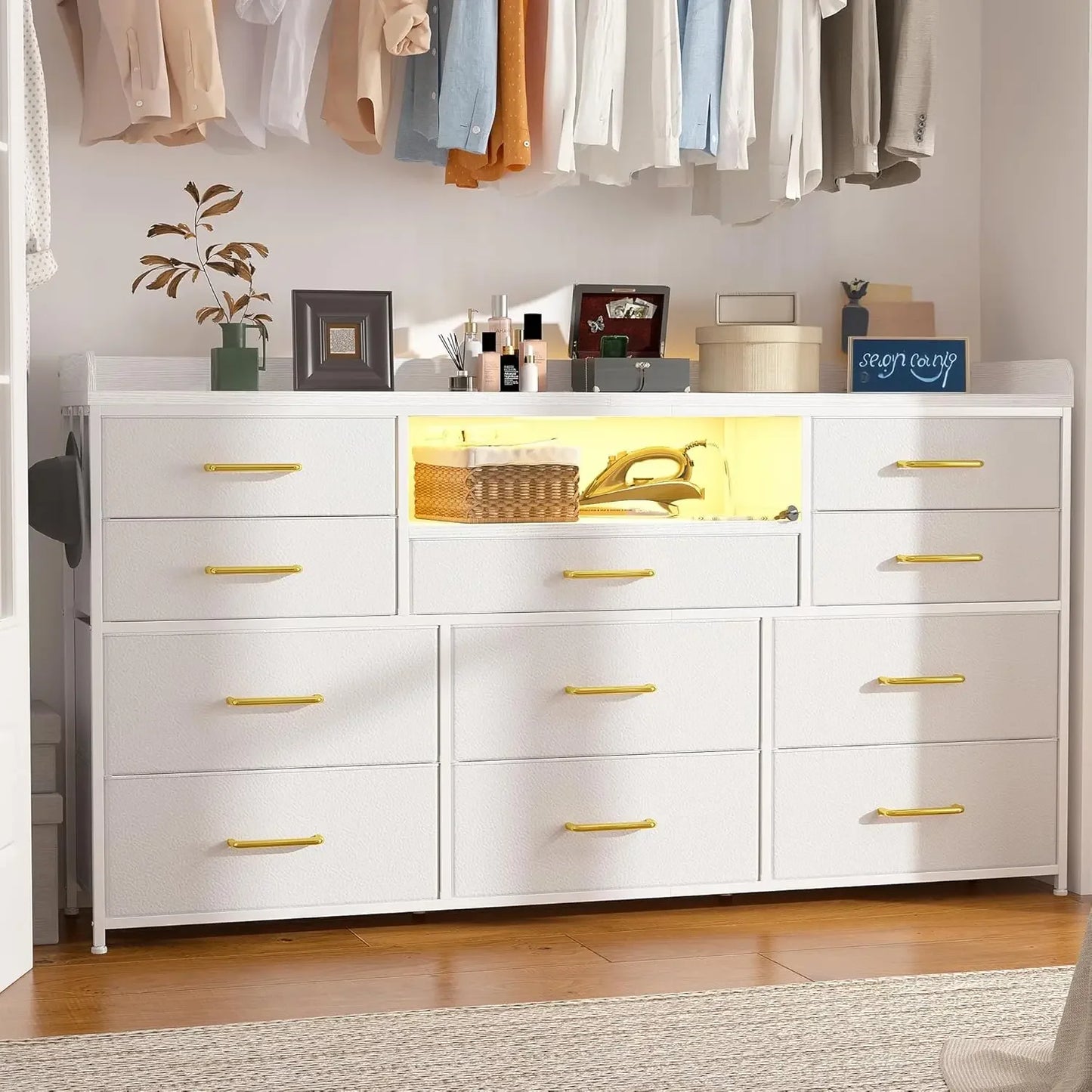 Ljustra Dresser with 11 Drawers LED Lights Charging Station for 60" TV