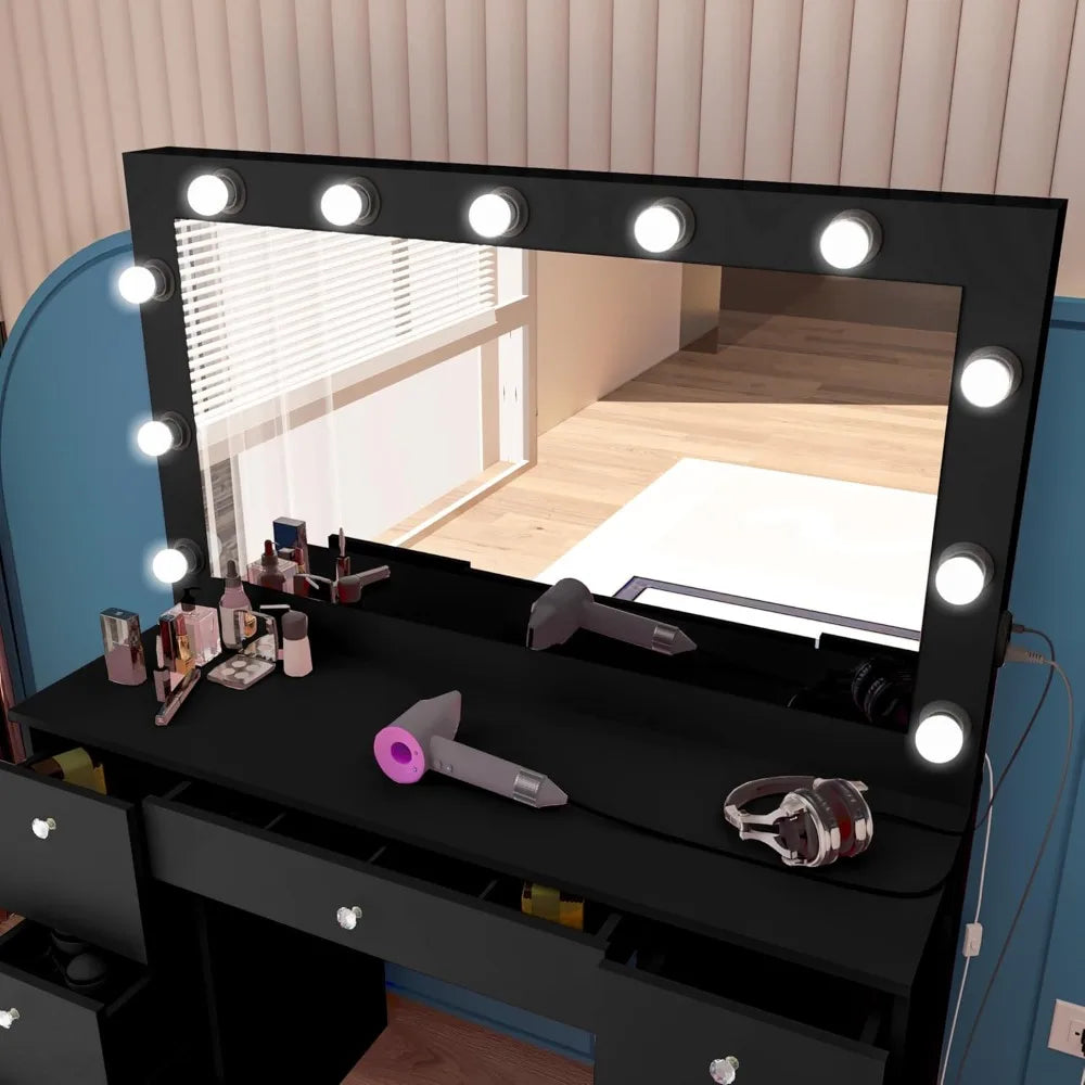Yara Large Vanity Makeup Desk with Hollywood Mirror and Built-in Lights