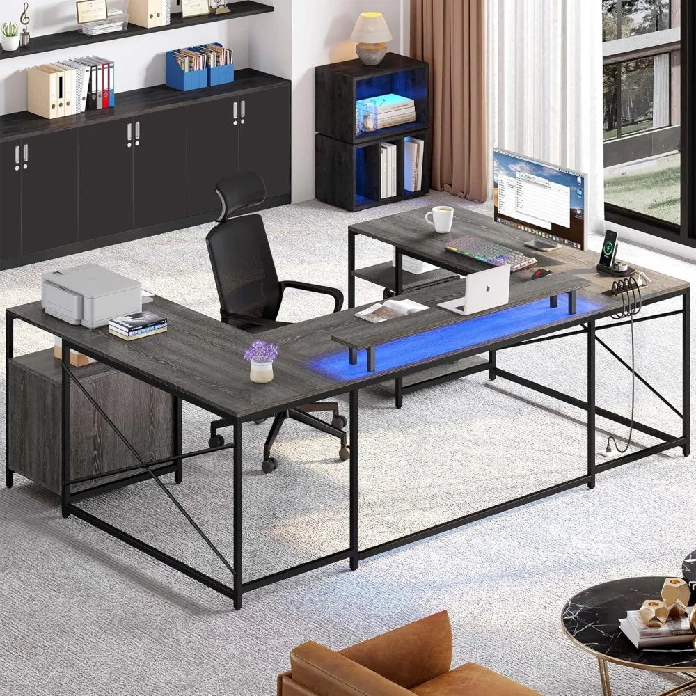 U Shaped Desk with Power Outlets LED Lights Reversible L Shaped Desk