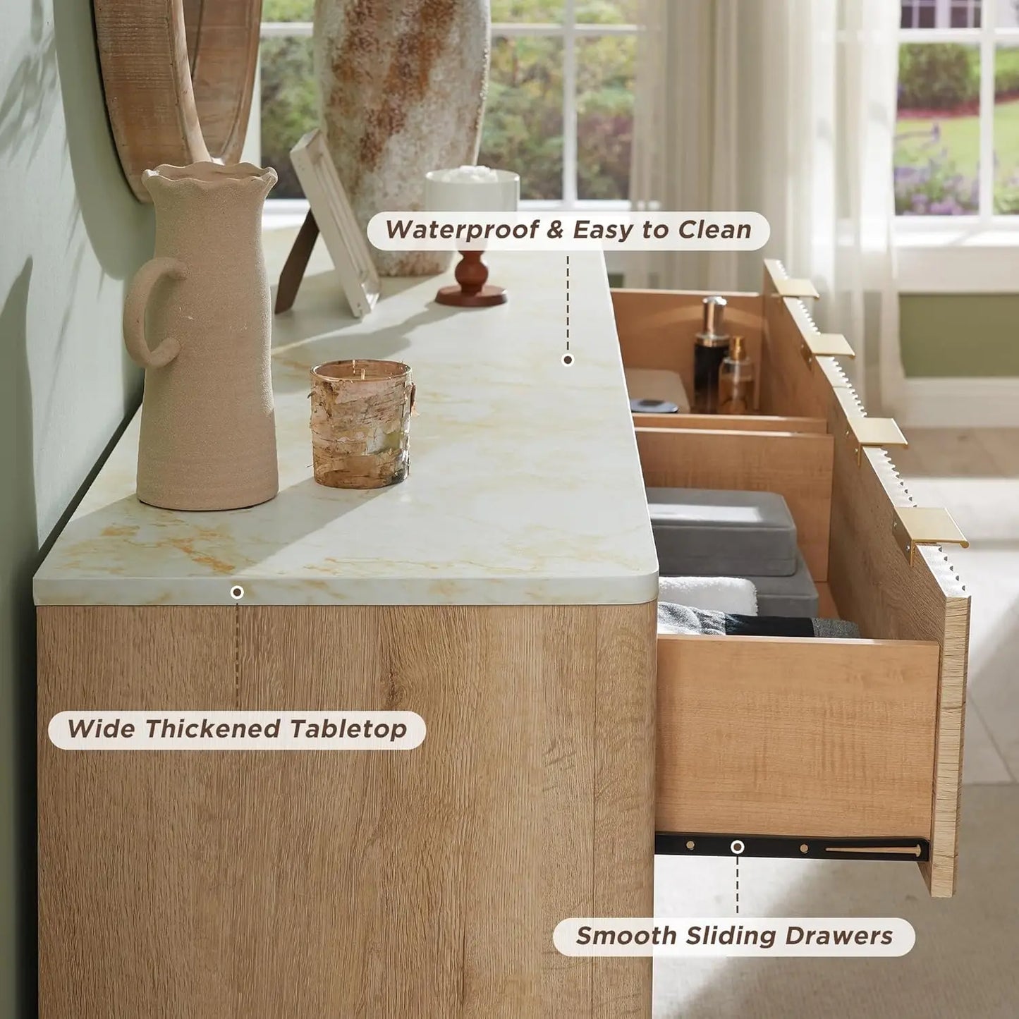 Fluted 6 Drawer Dresser Modern Chest of Drawers Faux Marble Top