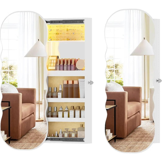 Jewelry Armoire with LED Lights Lockable Wavy Mirror Jewelry Organizer