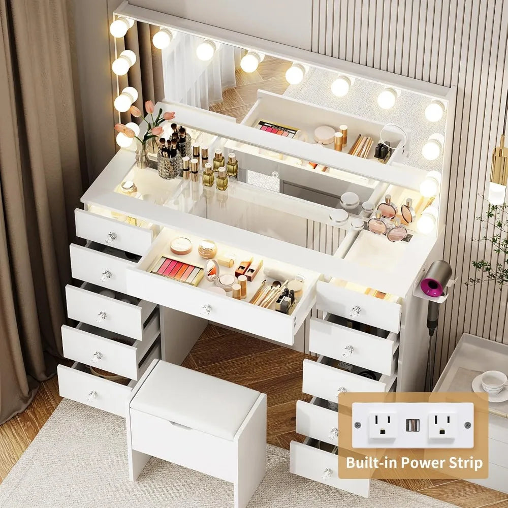 Vanity with Lighted Mirror Adjustable Brightness 11 Drawers Makeup Desk
