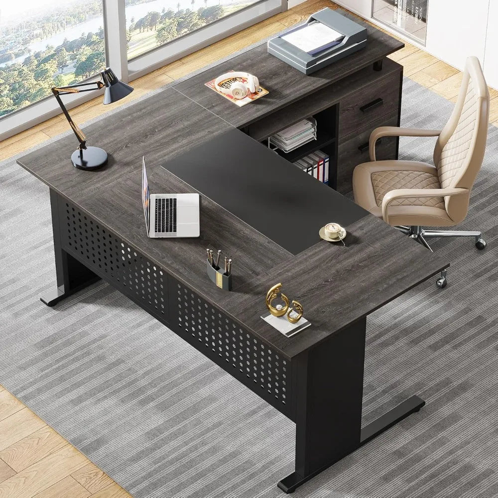 L Shaped Executive Desk with File Cabinet Modern Office Furniture