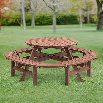 10 Person Solid Wood Outdoor Round Picnic Table and Bench Set