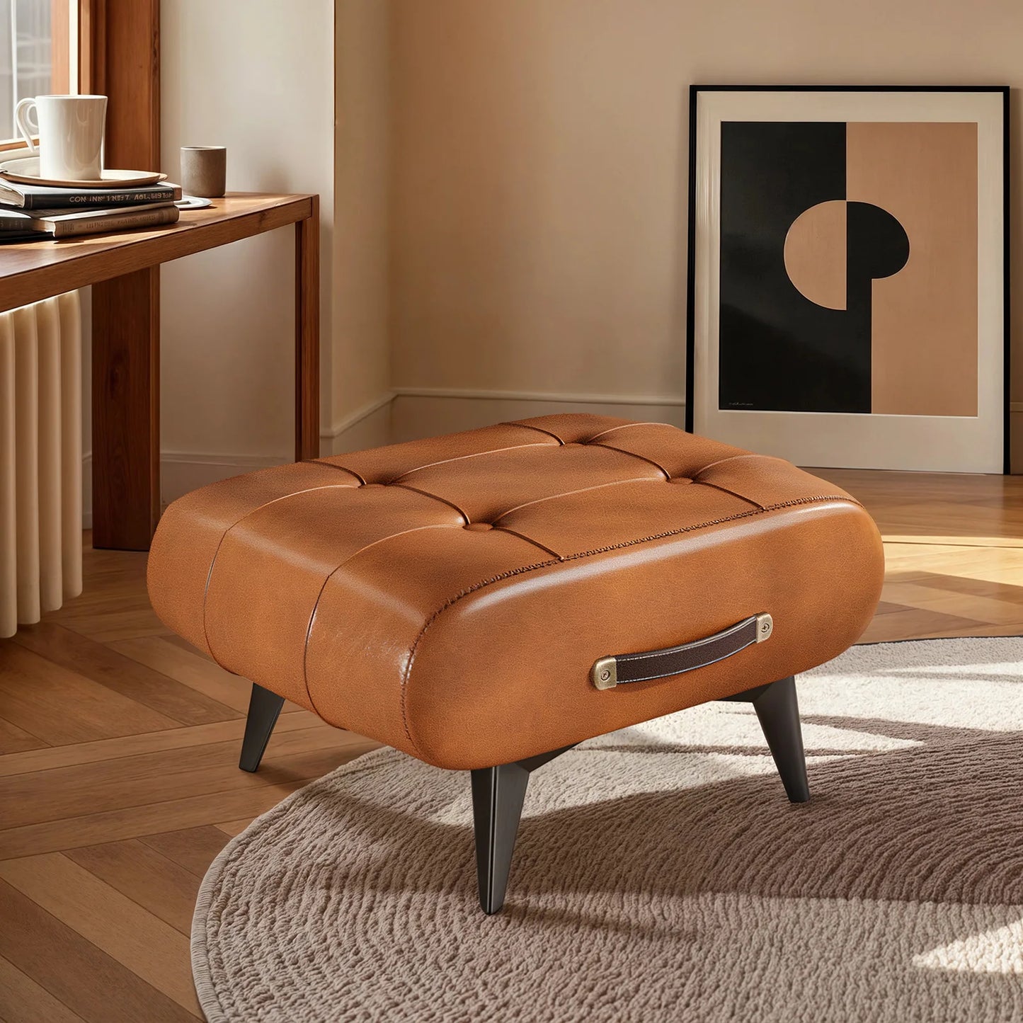 Vintage Waxed Leather Entryway Bench Luxury Ottoman Multifunctional Stool