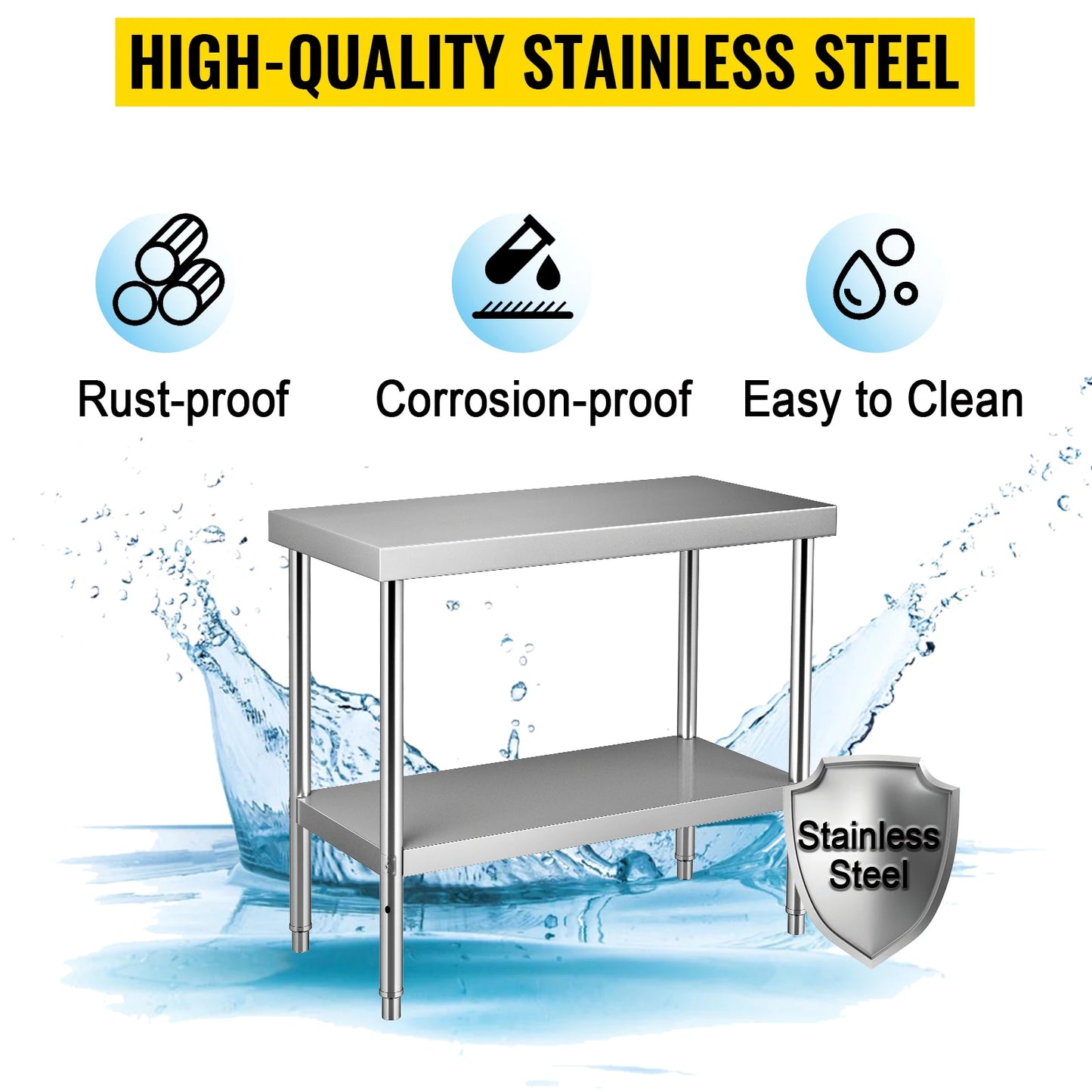 VEVOR Stainless Steel Prep Table Heavy Duty Adjustable Undershelf 550lbs