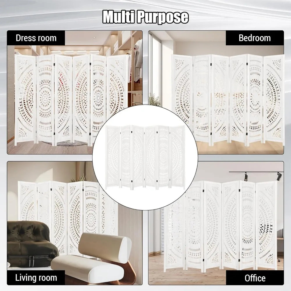 Folding Wood Carved Privacy Screen Room Divider 66.9Inch Freestanding