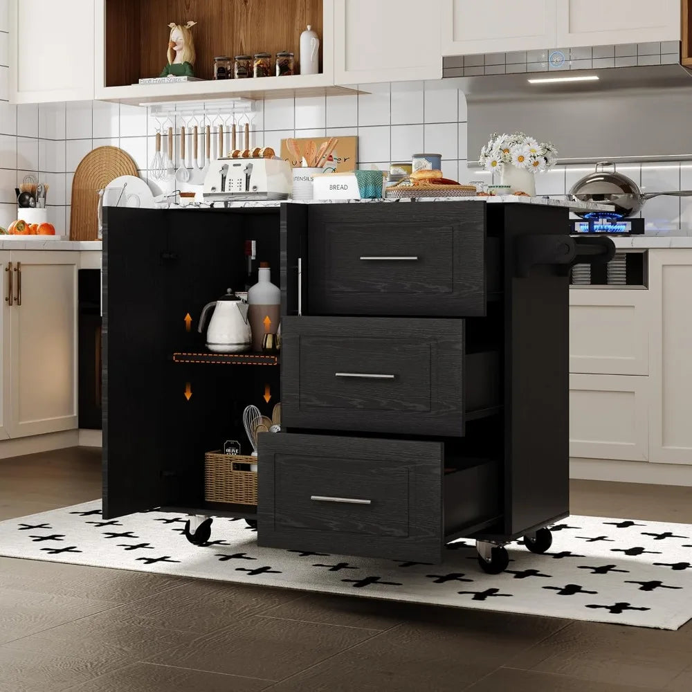 Rolling Kitchen Island Cart with Storage Drop Leaf Marble Top on Wheels