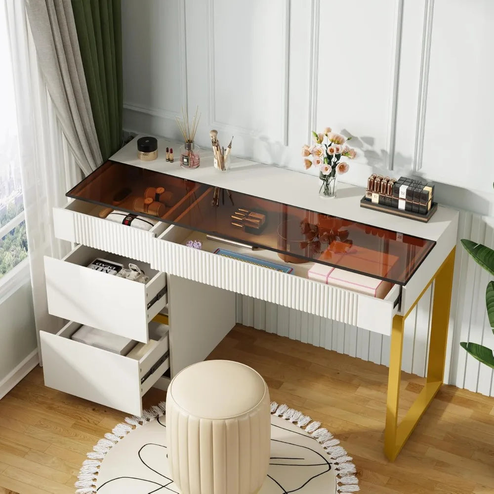 Modern Makeup Vanity Desk with Glass Top and 4 Storage Drawers