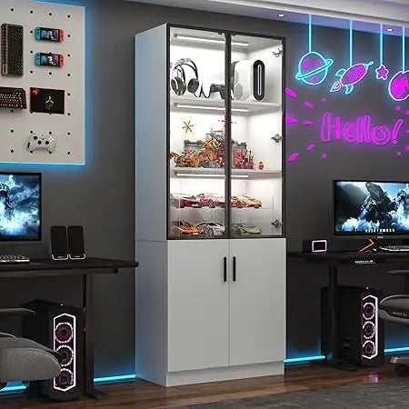 79 Inch Tall Display Cabinet with LED Lights and Pop-up Glass Doors