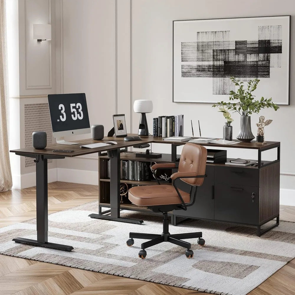 Electric Standing Desk Adjustable Height L-Shaped Executive Desk With Storage
