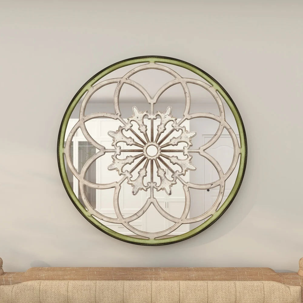 Vintage Floral Wall Mirror 40 Inch Round Fretwork Fleur-de-lis Design