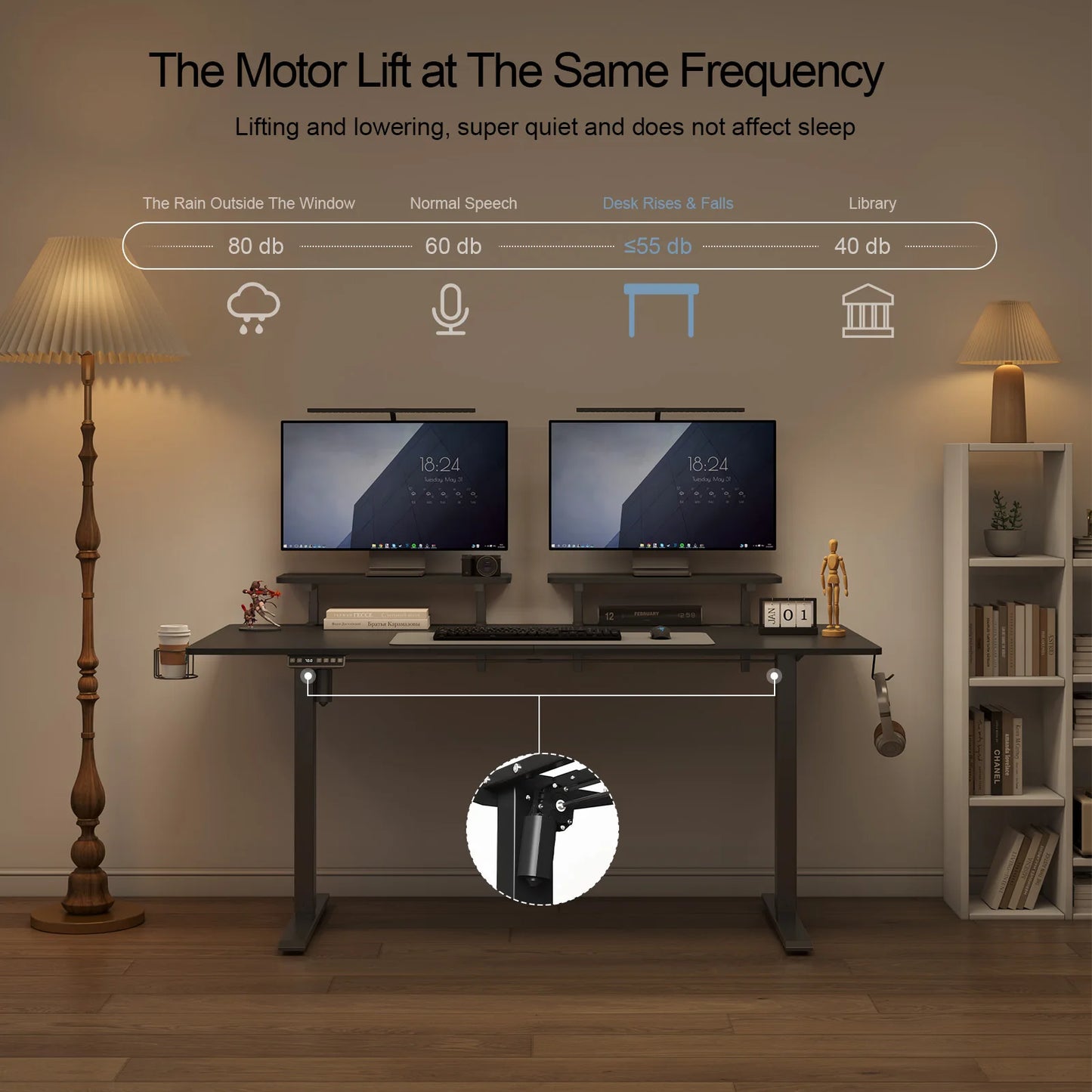 Electric Standing Desk with Adjustable Monitor Shelves and Memory Controller