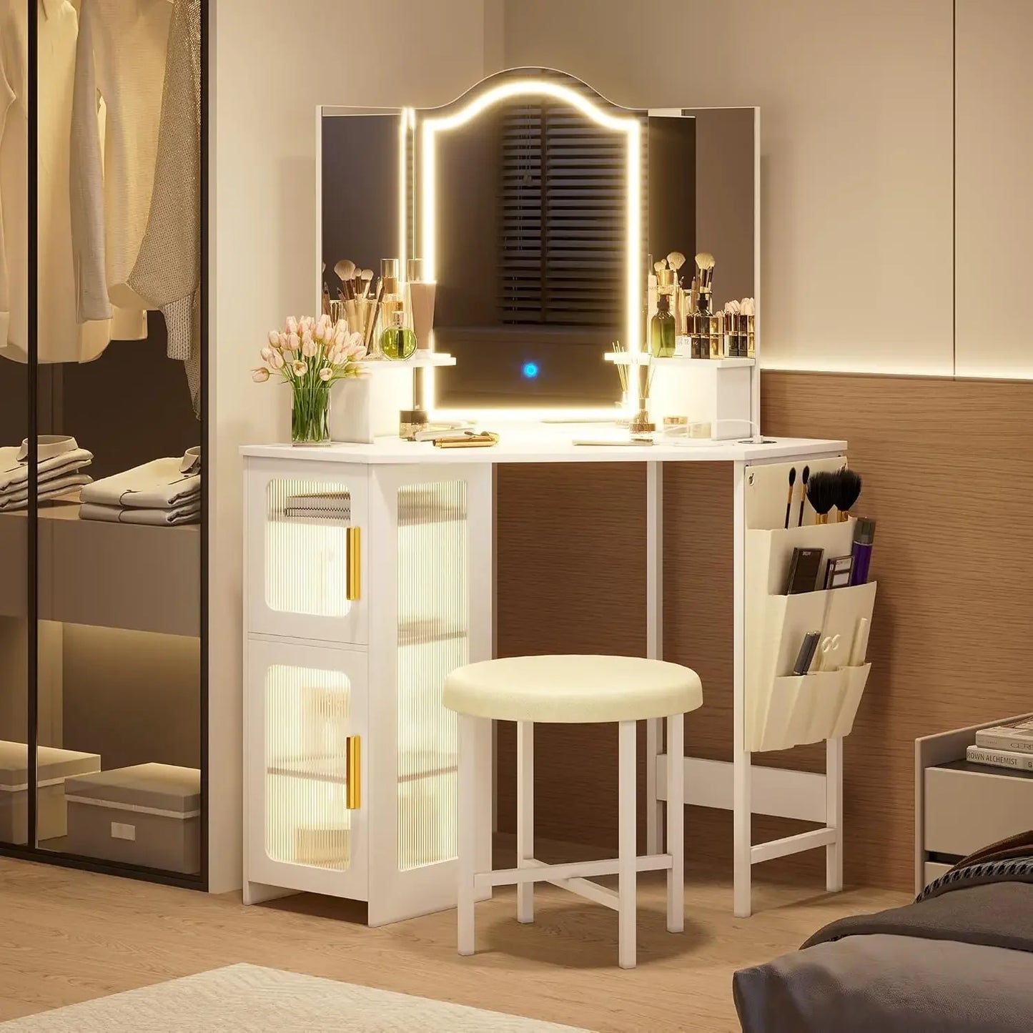 Corner Vanity Desk with Mirror LED Lights Makeup Charging Station