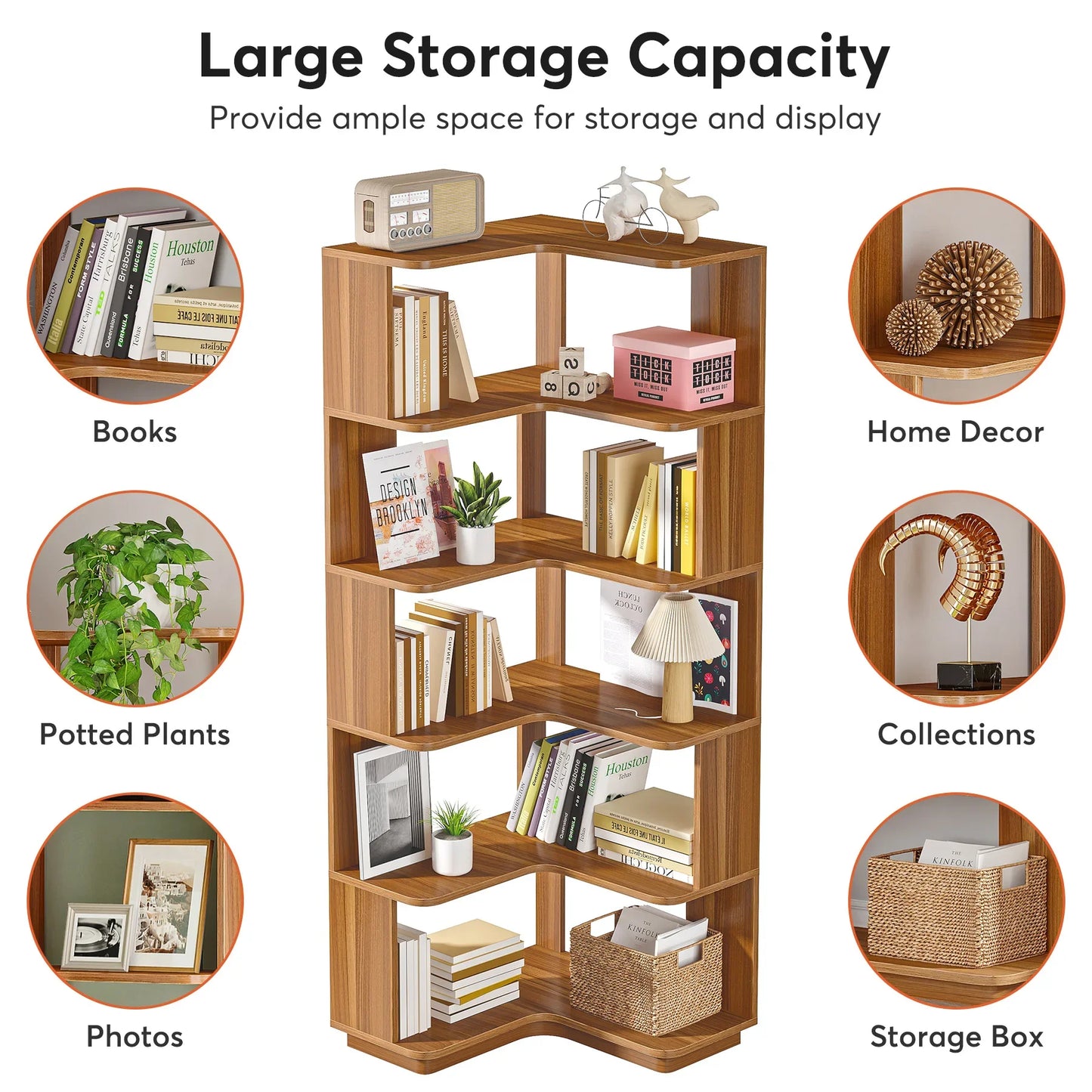 Ljustra 6 Tier Corner Bookshelf Industrial Wood Grain Bookcase