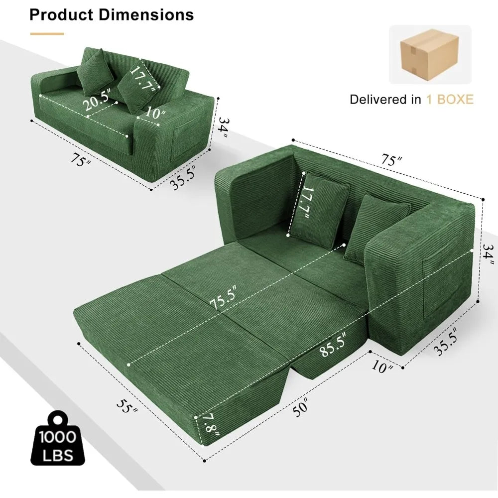 Foldable Sofa Bed 75 Inch Oversized Corduroy Upholstered Sleeper Couch