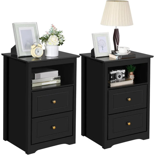 Nightstand Set of 2 Wooden Bedside Tables with Drawers for Small Spaces