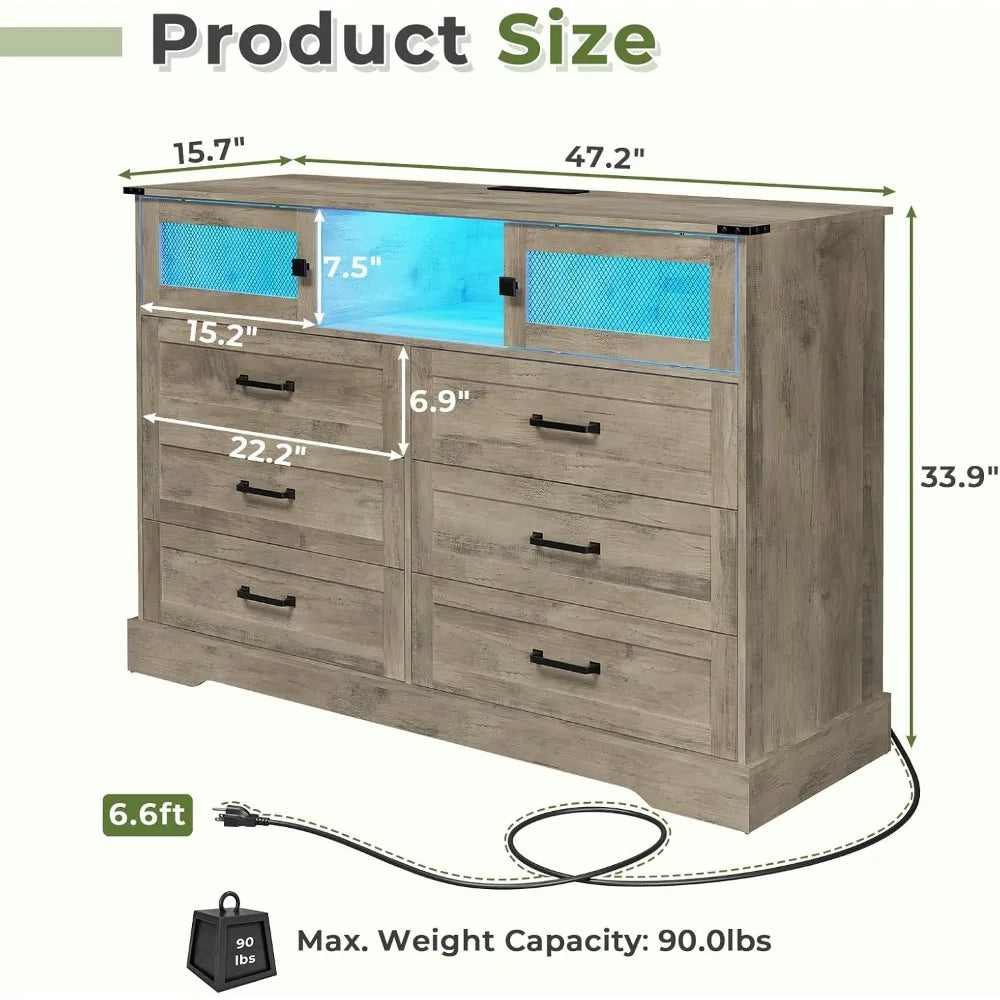 6 Drawer Dresser with LED Lights Charging Station Farmhouse Organizer