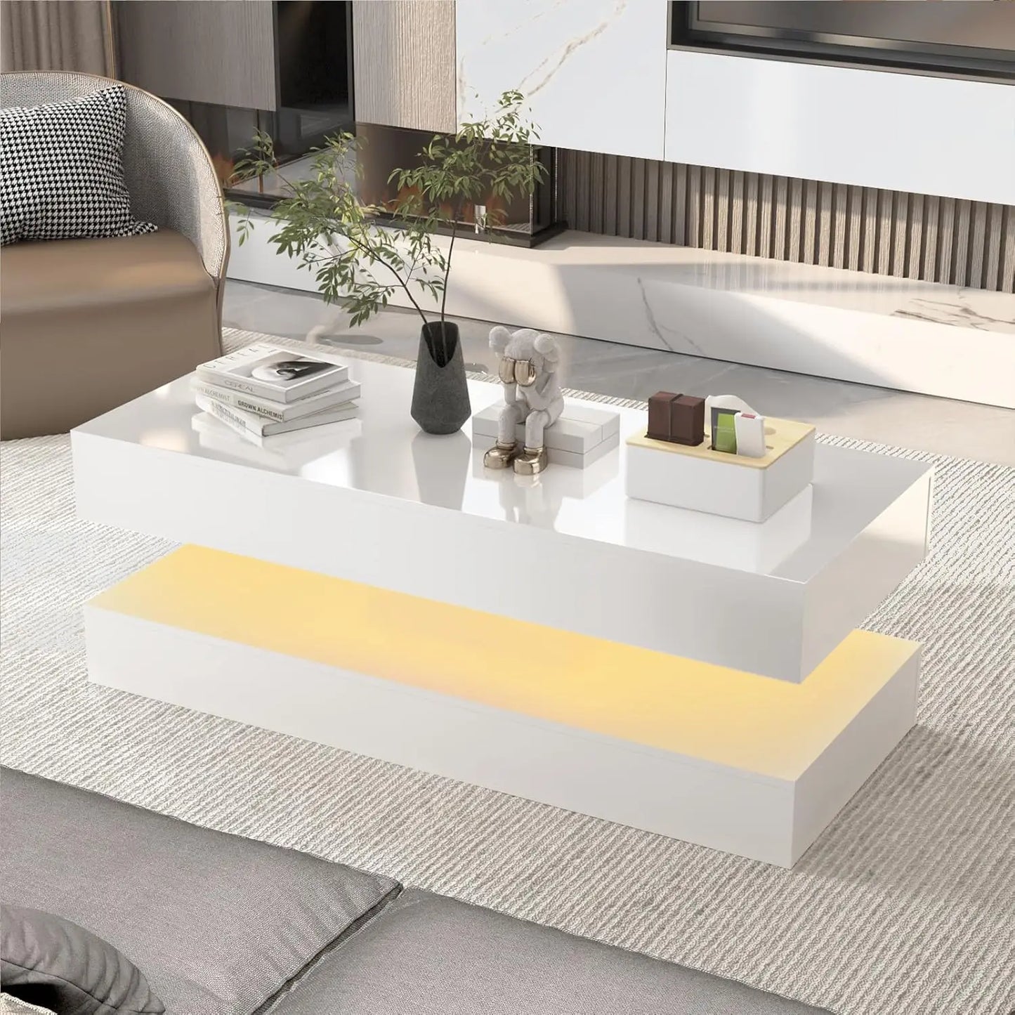 Modern Coffee Table with LED Lights Double-Layer Design Storage Drawers