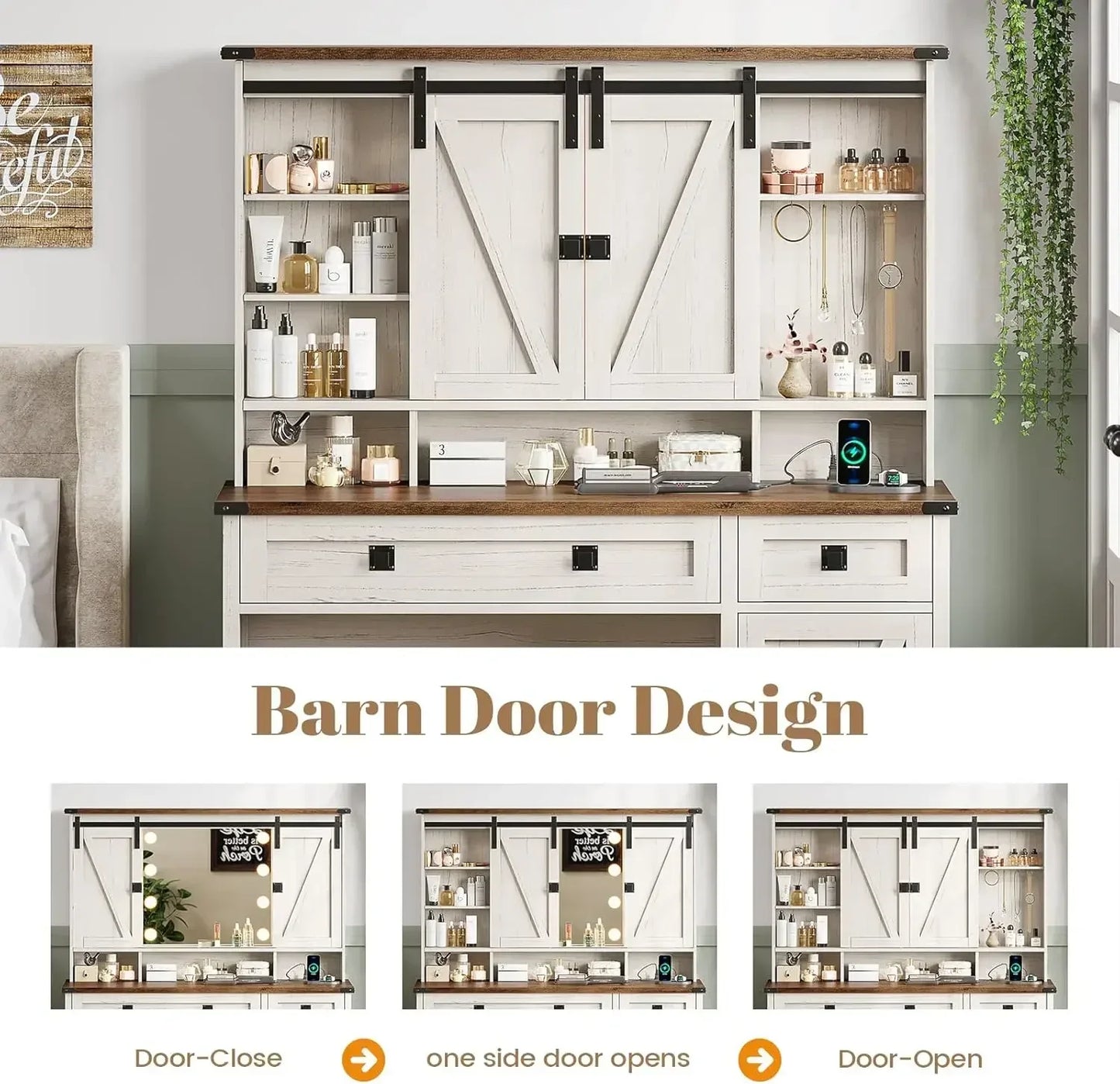 Makeup Vanity Desk with Lights and Barn Doors Charging Station